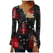Button V Neck Tops for Women Long Sleeve Christmas Print Tunic Shirt Fall Casual Snowflakes Blouses Fashion Dressy Tee (Multicolor S)